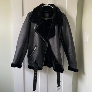 Oversized Black Shearling Lined Leather Jacket